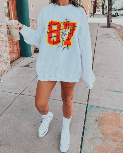 87 KARMA IS A GUY ON THE CHIEFS PULLOVER (PLUS AVAILABLE) , SWEATER , it’sNOMB , GO TAYLOR'S BOYFRIEND PULLOVER, GRAPHIC, GRAPHIC PULLOVER, graphic sweathsirts, graphic sweatshirt, GRAY, GREY, HEATHER GREY, TAYLOR SWIFT SWEATER, TRAVIS KELCE SWEATER , It's NOMB , itsnomb.com