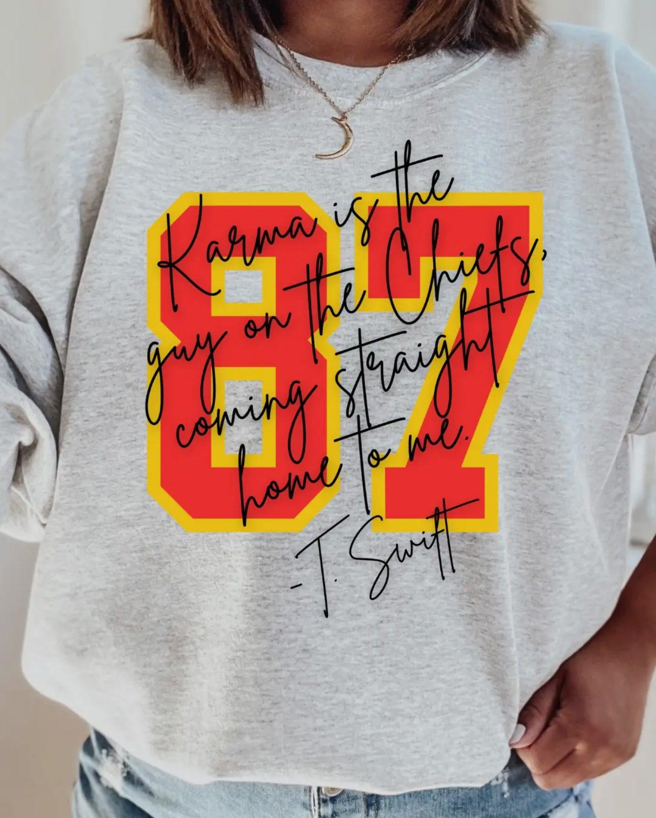 87 KARMA IS A GUY ON THE CHIEFS PULLOVER (PLUS AVAILABLE) , SWEATER , it’sNOMB , GO TAYLOR'S BOYFRIEND PULLOVER, GRAPHIC, GRAPHIC PULLOVER, graphic sweathsirts, graphic sweatshirt, GRAY, GREY, HEATHER GREY, TAYLOR SWIFT SWEATER, TRAVIS KELCE SWEATER , It's NOMB , itsnomb.com