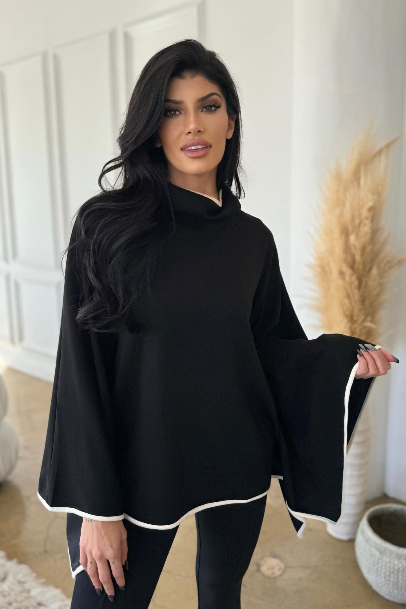 FLORENCE PONCHO SWEATER , poncho , It's NOMB , BLACK PONCHO, BLACK SCUBA FABRIC PONCHO, DRESSY BLACK PONCHO WITH WHITE PIPING, poncho sweater, TURTLENECK PONCHO , It's NOMB , itsnomb.com