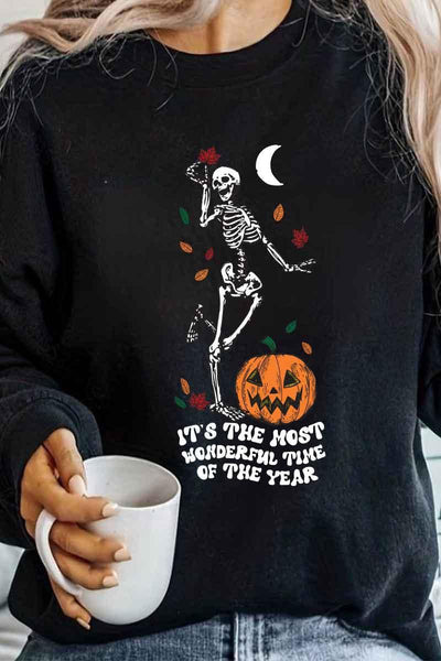 IT'S THE MOST WONDERFUL TIME OF THE YEAR PULLOVER (PLUS AVAILABLE) , T-SHIRT , it’sNOMB. The Label , DANCING SKELETON GRAPHIC PULLOVER, FALL GRAPHIC PULLOVER, GRAPHIC, HALLOWEEN, IT'S THE MOST WONDERFUL TIME OF THE YEAR PULLOVER , It's NOMB , itsnomb.com