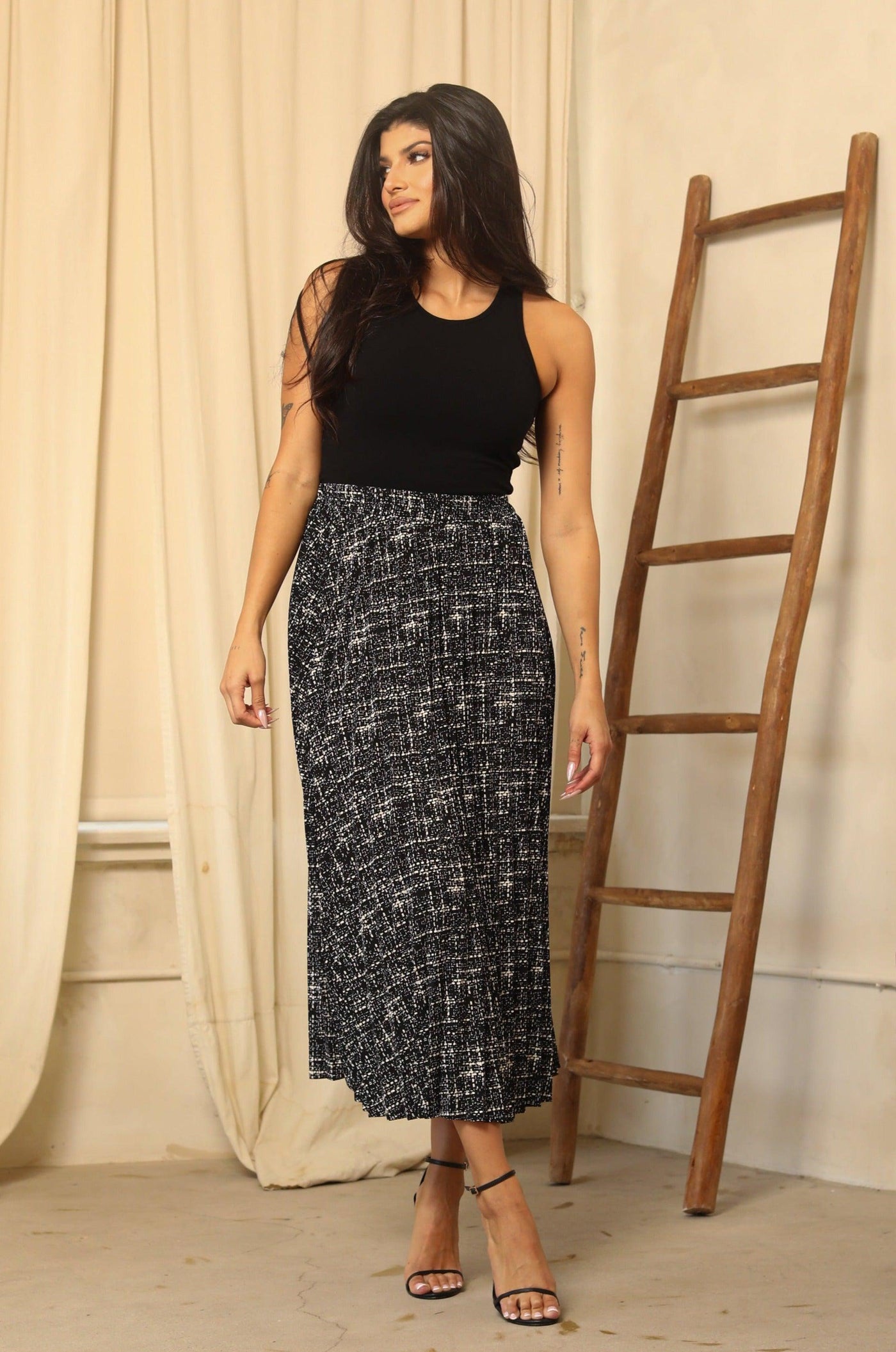 SOMERSET SKIRT (SIZE SMALL LEFT) , Skirt , It's NOMB , BLACK AND WHITE PRINTED MIDI SKIRT, PLEATED MIDI SKIRT , It's NOMB , itsnomb.com