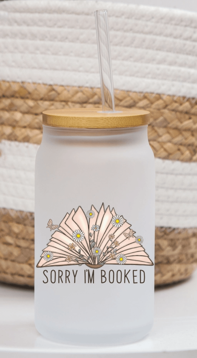 SORRY I'M BOOKED GLASS CAN WITH LID AND STRAW , GLASS CAN , It's NOMB , BIBLIOPHILE, book lover glass reusable water bottle, cold beverage glass can, SORRY I'M BOOKED , It's NOMB , itsnomb.com