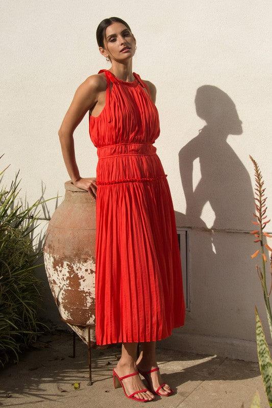 THE HEADTURNER DRESS , DRESS , It's NOMB , CORAL DRESS, HALTER DRESS, PLEATED DRESS, red dress, red dresses, Wedding Guest Dress, wedding guest dresses , It's NOMB , itsnomb.com